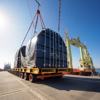Погрузка укрытого негабаритного груза портовым краном на трал.